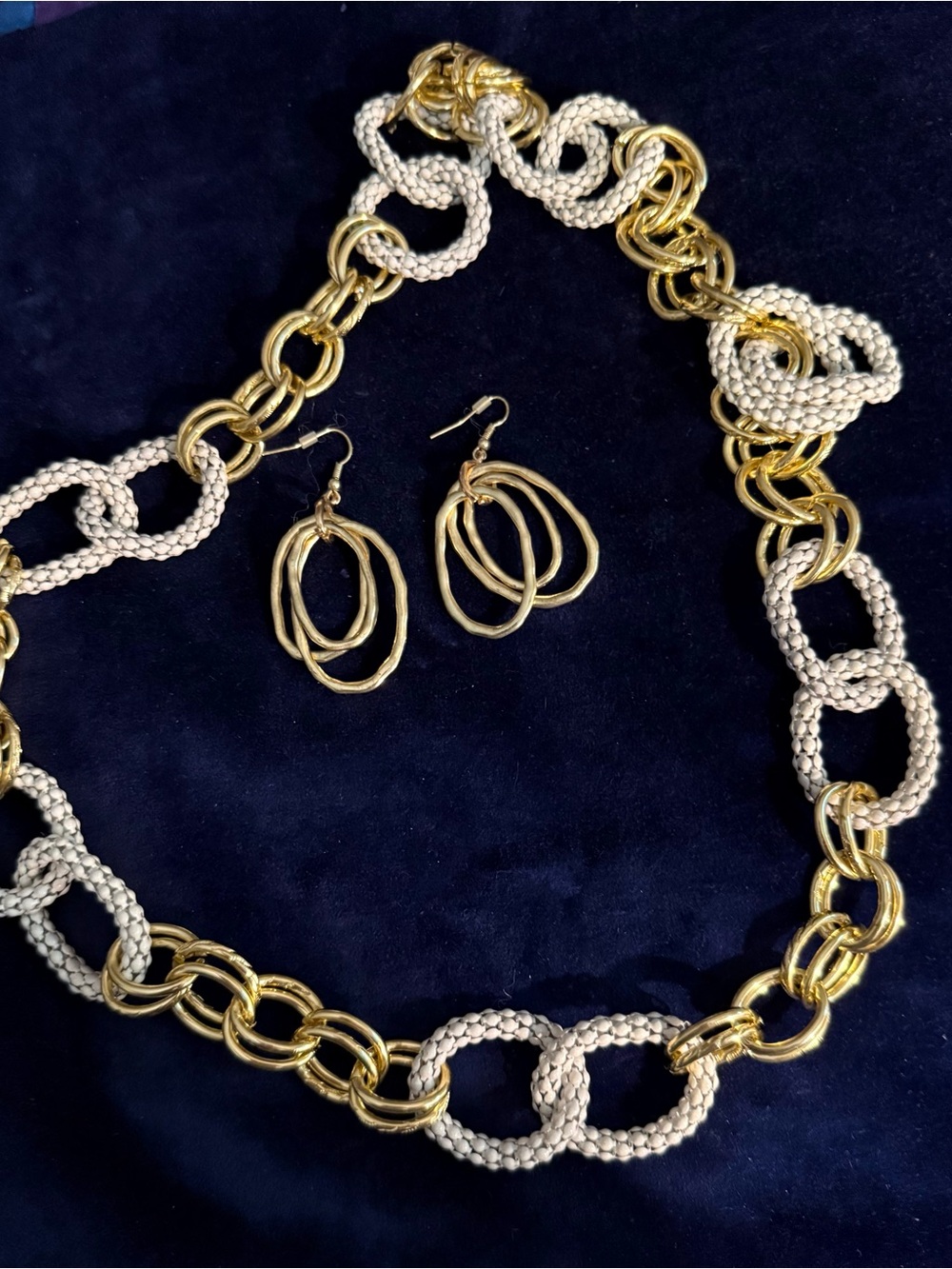 Gold and Cream Braided Chain Necklace with Gold Hoop Earrings